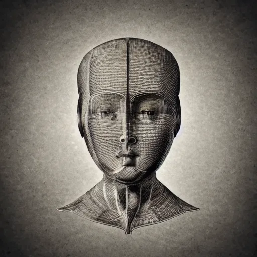 Image similar to technical drawing of ancient womanized humanoid robot, symmetrical, anatomically correct, old historical photo, ancient paper, photorealistic