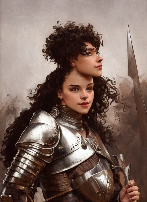 Image similar to medium-length portrait of a female knight with short curly hair and brown eyes, dark brown skin, happy expression, wears a combination of plate armor and boiled leather, medieval setting, highly detailed, digital painting, artstation, concept art, sharp focus, illustration, art by greg rutkowski and alphonse mucha