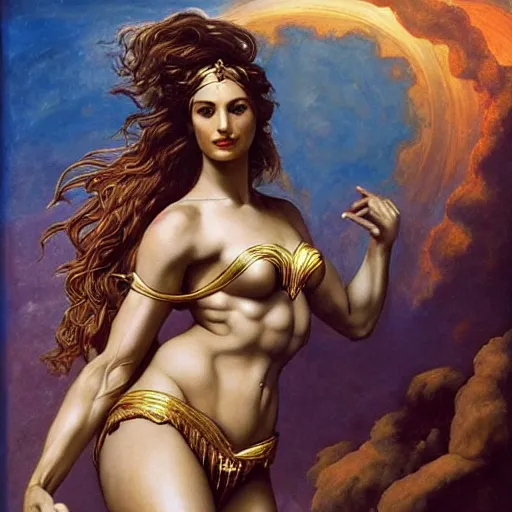 Image similar to Full body oil painting of the beautiful goddess Gal Gadot as Venus, she is wearing roman clothes and a surreal jewelry, her hair is natural disheveled, she is approaching heaven over the clouds, naturalism, dramatic lighting, high-detailed oil painting by Ilya Repin, Michelangelo da Caravaggio, William Blake, Alex Grey and Beksinski, trending on Artsation, hystorical painting, naturalism, masterpiece, 4k, 8k,