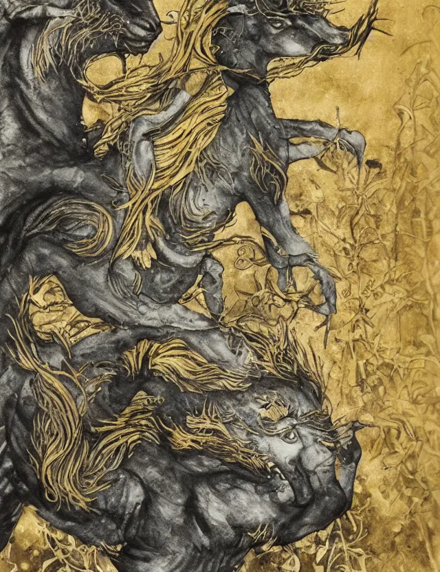 Image similar to animal god of first frost. this ink wash and goldleaf work by the beloved children's book illustrator has interesting color contrasts, plenty of details and impeccable lighting.