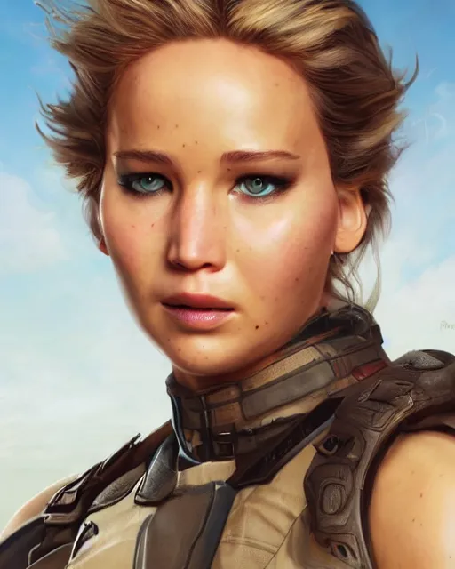 Prompt: Jennifer Lawrence as an Apex Legends character digital illustration portrait design by, Mark Brooks and Brad Kunkle detailed, gorgeous lighting, wide angle action dynamic portrait