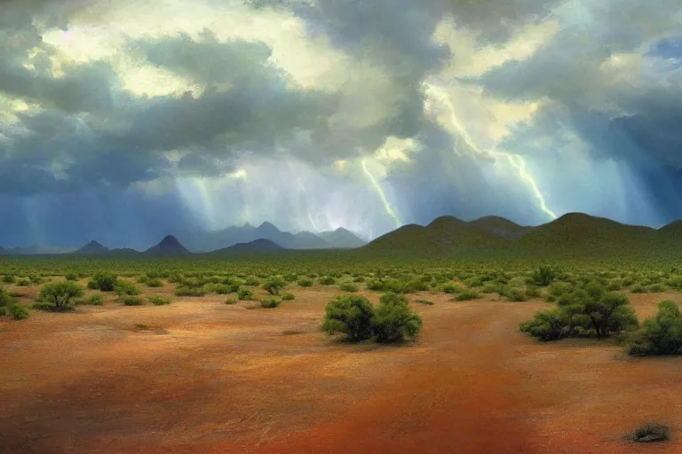 Prompt: a stormy monsoon rainstorm in the arizona desert, the landscape is mostly green with lots of mesquite trees and bushes, puddles, beautiful cloudy deep blue sky, by georgia o'keeffe and thomas kinkade and quentin mabille and geoffroy thoorens, trending on artstation.