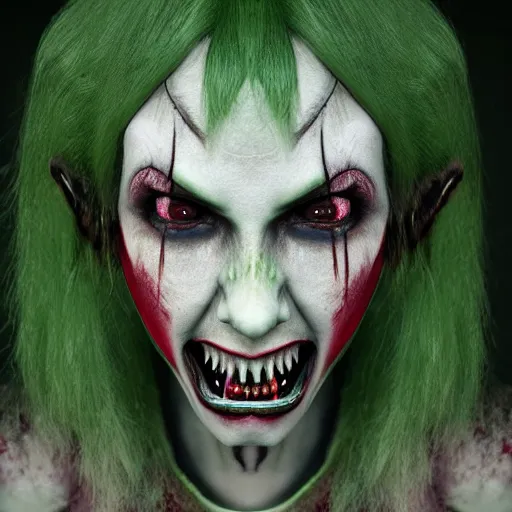 Image similar to realistic evil demon girl clown with deep dark eyes and lots of mascara and green hair and sharp wicked metal teeth and tattered elven ears very ugly creature by guillermo del toro redshift 3 d render, 1 1 aperture, 3 5 mm, canon 5 d