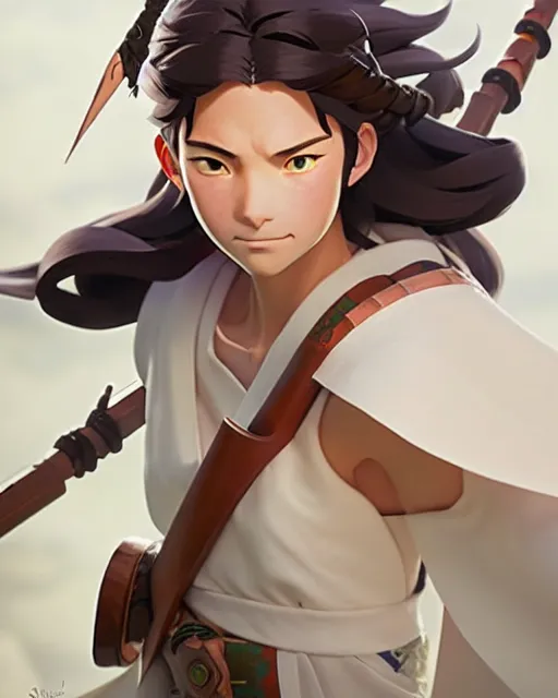 Image similar to azctec warrior, julia fox, detailed perfect face, exquisite details, fire magic, mid view, design on a white background, by studio muti, greg rutkowski makoto shinkai takashi takeuchi studio ghibli