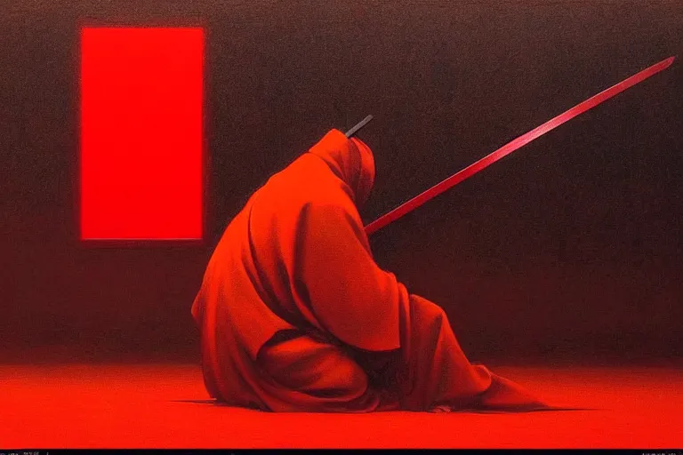 Image similar to only with red, a red samurai do seppuku, tokio, a lot of frogs watch, in the style of beksinski, parts by edward hopper, parts by rodcenko, parts by yue minjun, intricate and epic composition, red by caravaggio, insanely quality, highly detailed, masterpiece, red light, artstation, 4 k