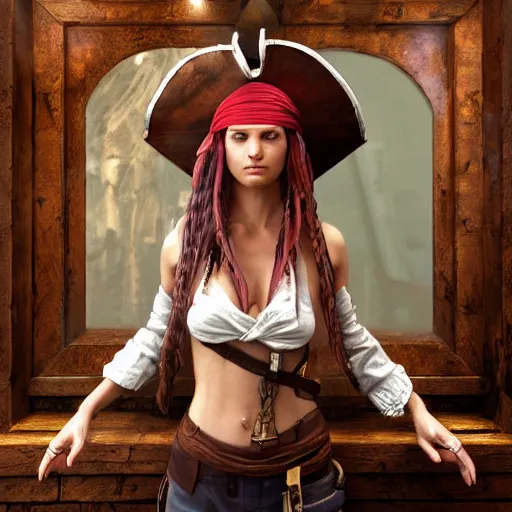 Prompt: hyperrealistic mixed media high resolution image of a female pirate, stunning 3d render inspired art by István Sándorfi and Greg Rutkowski and Unreal Engine, perfect symmetry, dim volumetric lighting, 8k octane beautifully detailed render, post-processing, extremely hyper-detailed, intricate, epic composition, highly detailed attributes, highly detailed atmosphere, full body shot, cinematic lighting, masterpiece, trending on artstation, very very detailed, masterpiece, stunning, flawless structure, lifelike texture, perfection,