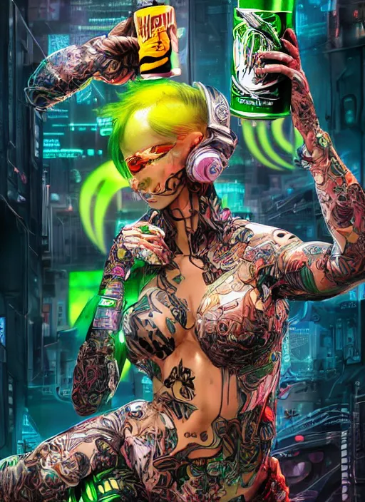 Image similar to duck drinks energy drink monster energy, elegant, sophisticated, fashionable cyberpunk gravure idol, an ultrafine hyperdetailed illustration by kim jung gi, irakli nadar, intricate linework, bright colors, porcelain skin, unreal engine 5 highly rendered, fashion photography, global illumination, radiant light, detailed and intricate environment