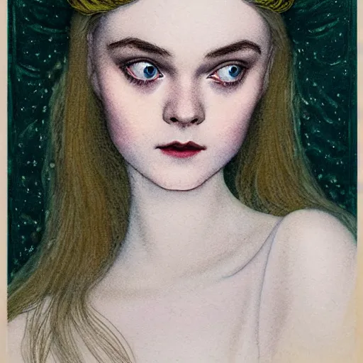 Image similar to professional painting of Elle Fanning in the style of Edmund Dulac, head and shoulders portrait, symmetrical facial features, smooth, sharp focus, illustration, intricate, stormy weather, extremely detailed masterpiece,