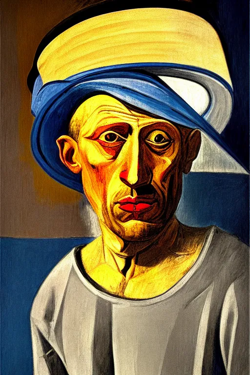 Prompt: old english royal portrait of a man in a bucket hat, picasso, cinematic, dramatic, photography, portrait