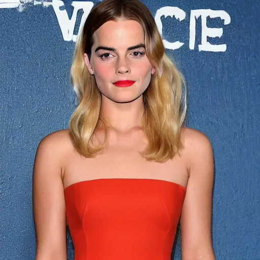 Image similar to a woman who is a genetic combination of margot robbie and emma watson face and upper - body focus