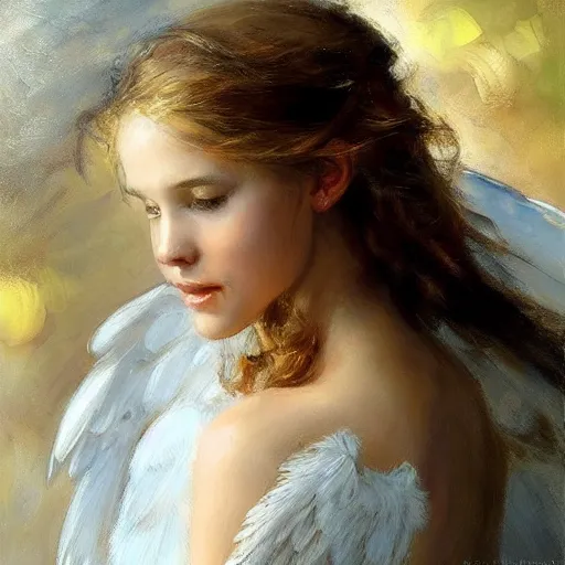 Image similar to a beautiful portrait of an angel with beautiful face and her huge white wings spread out painted by gerhartz, highly detailed, beautiful, back lit, graceful and elegant, ethereal