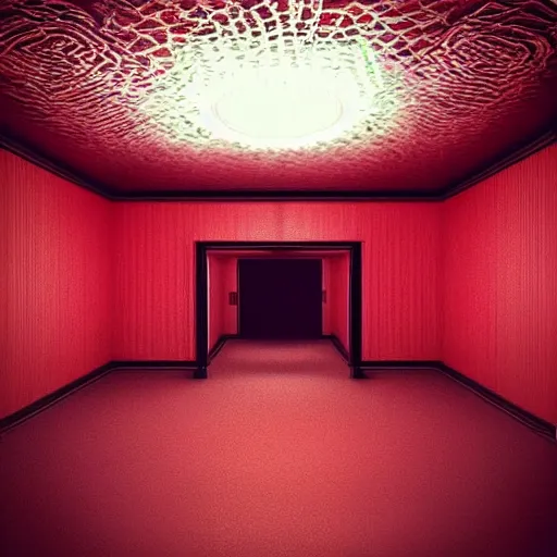 Image similar to “ woman in twin peaks red room, hyperdetailed, realistic lighting aesthetic, surreal vibes ”