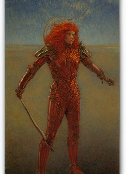 Prompt: malenia from elden ring drawn by jean delville, armor, red hair, full body portrait, icarus helmet