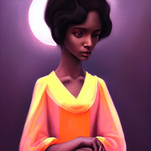 Prompt: ☁🌪🌙👩🏾, soft elegant gown, neon god of city character portrait, in the style of margaret keane, moebius, tom bagshaw, and waterhouse, cinematic lighting, beautiful, elegant, oil painting,