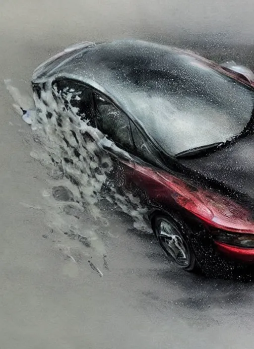 Prompt: raindrops rolling down the windows morphing from raindrops into into cars made out of water painting by artgerm and greg rutkowski and magali villanueve.