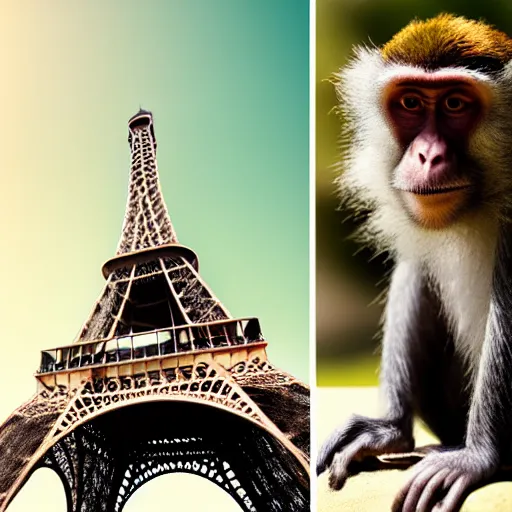 Image similar to high quality portrait of a monkey in front of eiffel tower, studio photograph, photograph, realistic photo, 8k photo, 4k photo, stock photo, high resolution, cinematic shot, high detail