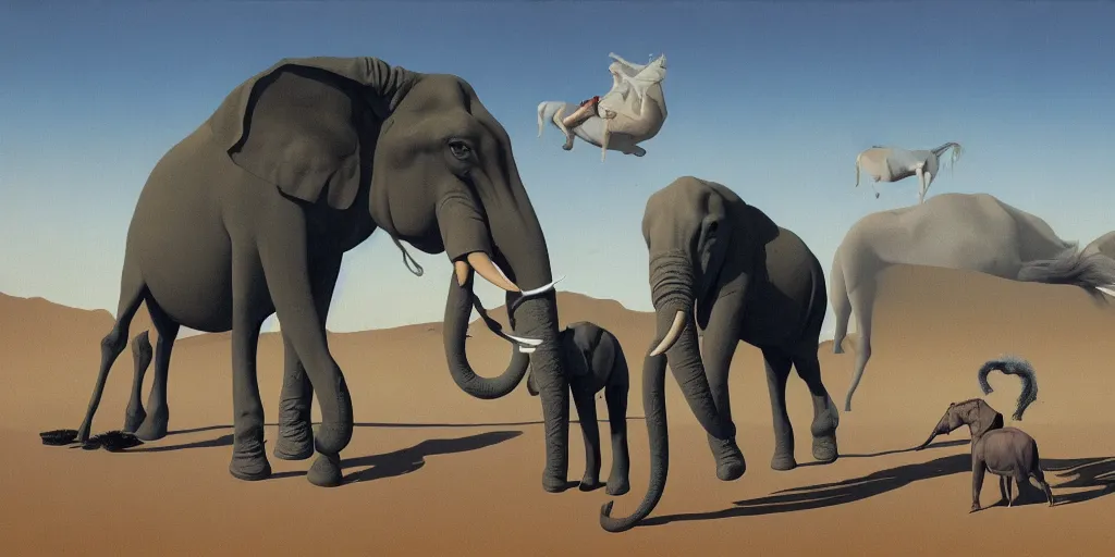 Image similar to Surrealist painting of horses and elephant with giant legs in a strange and curious desert, dali, magritte, Ethereal, artstation, 8k