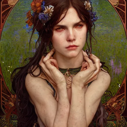 Image similar to Portrait of Princess Mononoke drawn by Donato Giancola and Tom Bagshaw, face by Artgerm, overall design by Alphonse Mucha, background by James Jean and Gustav Klimt, light by Julie Bell, 4k, porcelain skin, komorebi, french nouveau, trending on artstation, octane render, hyperrealistic