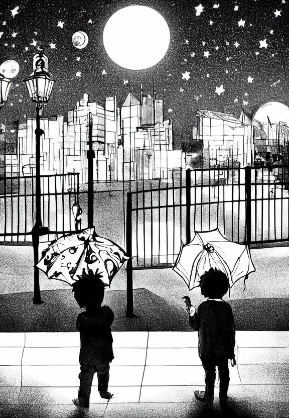 Image similar to little boy standing, holding umbrella in front of playground, at night, full moon, cute anime style, black and white artwork,