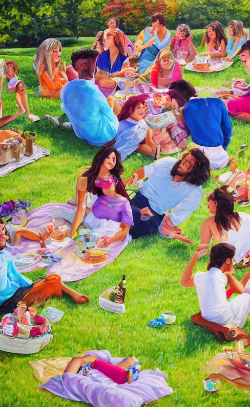 Prompt: an beautiful detailed painting of a personal moment in the life of the artist. the painting depicts the artist's family members and friends enjoying a picnic together. vibrant colors, funny, personal, positive, visually pleasing, engaging. high resolution. high quality. photorealistic. hq hd. 8 k. trending on artstation. group of friends laughing. award winning