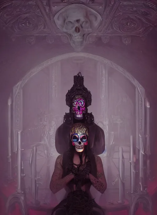 Image similar to inside covens den, diffuse lighting, creepy neon skull hyper ornate wiccan masks, hdrp render, intricate wiccan facial detailing, highly detailed, lifelike, photorealistic, digital painting, artstation, unreal 5, smooth, sharp focus, art by john collier, albert aublet, krenz cushart