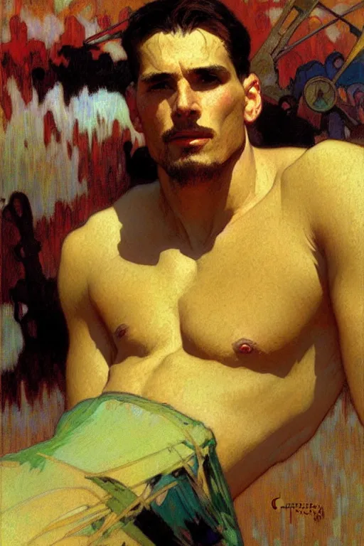 Image similar to attractive man, futurism, painting by gaston bussiere, craig mullins, greg rutkowski, alphonse mucha