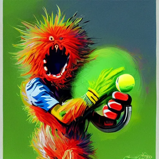 Image similar to a tennis ball monster ,tennis ball, tennis racket, colorful, digital art, fantasy, magic, trending on artstation, ultra detailed, professional illustration by Basil Gogos