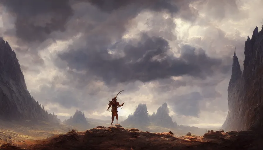 Image similar to excellent painted ancient daemon in an epic landscape in another dimension with fluffy clouds, painted by Hans Fredrik Gude, Greg Rutkowksi, Craig Mullins and Artgerm, concept art 2022, 4k, ultra realistic highly detailed oil painting