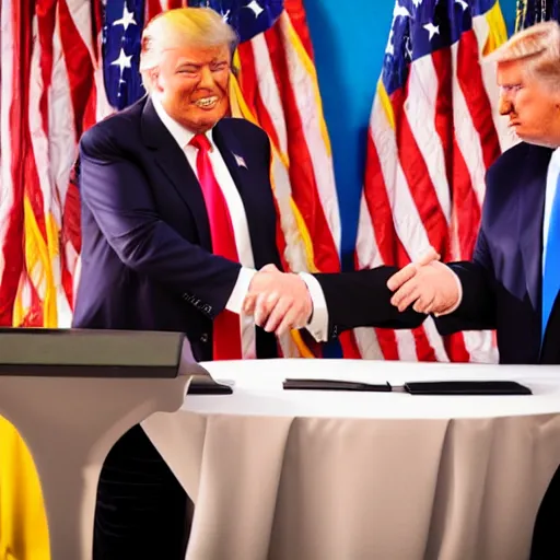 Prompt: professional photograph of Donald Trump and Peter Griffin shaking hands at a press conference, 8k, highly detailed, highly intricate,