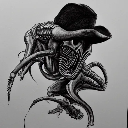 Image similar to a pencil sketch of a cowboy riding a xenomorph on a white background