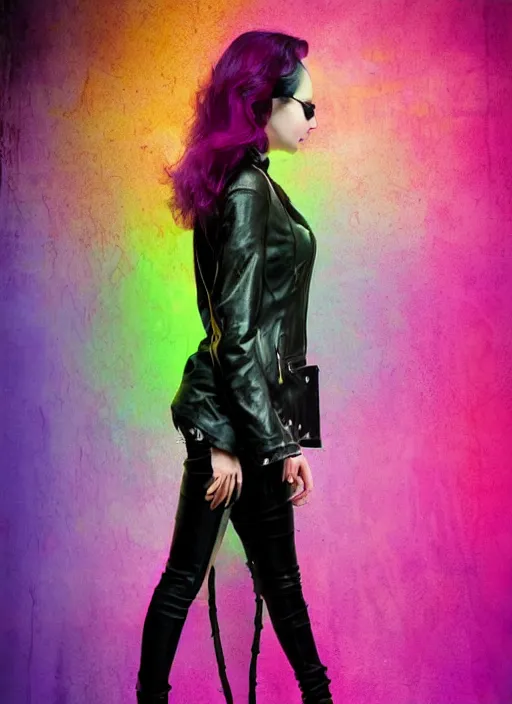 Image similar to a photo of 8 k ultra realistic a black haired female in high heels and a black leather jacket, pink, purple, green, yelow, red, blue neon, art by lise deharme