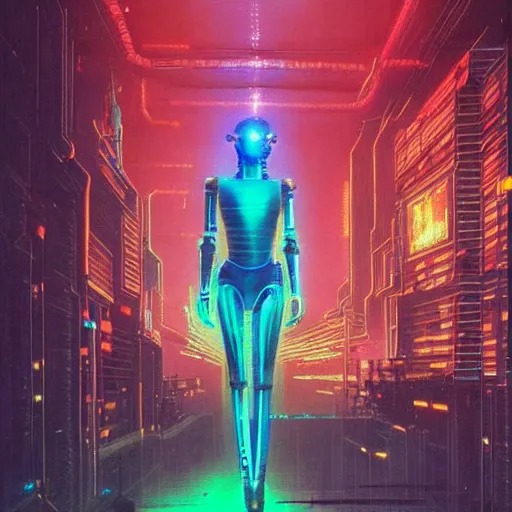 Image similar to cyberpunk robot with neon lights and exposed wiring, highly detailed beksinski style cyberpunk 2 0 7 7 painting