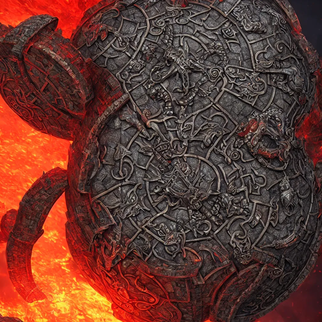 Image similar to ornate and detailed round battle shield made of lava rock and dragon scales, wide angle shot, red and obsidian colors, dungeons and dragons themed, 4 k octane digital render, unreal engine 5, styled by greg rutkowski and extreme levels of detail