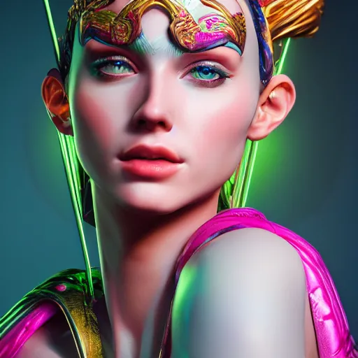 Image similar to portrait of the goddess Artemis, studio lightning, bright colors, intricate, masterpiece, photorealistic, hiperrealistic, sharp focus, high contrast, Artstation HQ, DeviantArt trending, 4k UHD, Unreal Engine 5