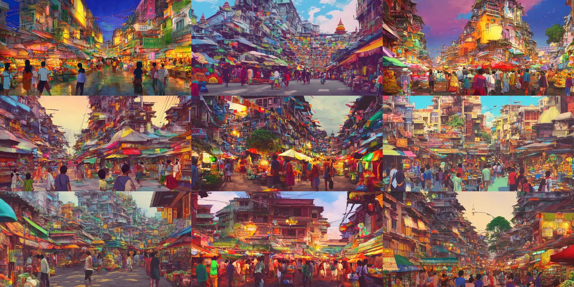 Prompt: little india, colorful marketplace, urban landscape, evening, highly detailed, low angle view, studio ghibli, artstation