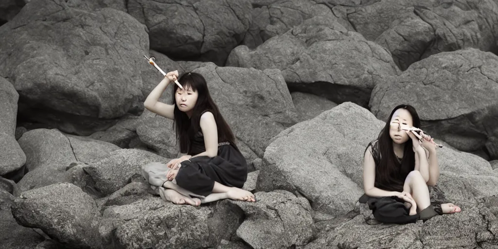 Image similar to Photo of a Korean girl playing a flute with her nose. Sitting on a rocky shore on a cloudy day. In the style of Annie Leibovitz