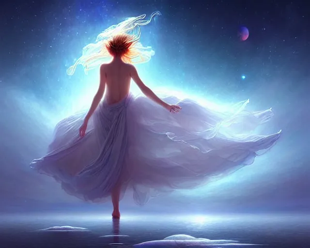 Prompt: a lone beautiful ethereal spirit floating dancing along the shimmering crystalline shores of eternity, universe and planets and stars in the sky, unusual surreal, gorgeous artwork by artgerm, rutkowski, wlop, detailed, dramatic lighting