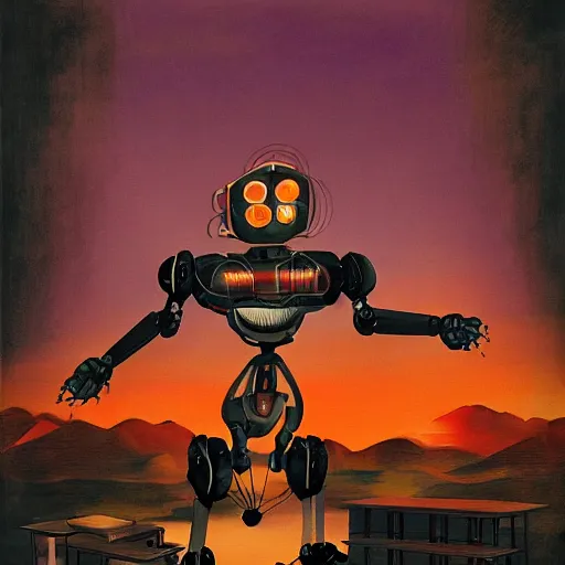 Image similar to a fullmetal wired robot is reading the forbidden intimate diary of sophia aeon, the background is the purple sunset over santiago of chile, hanafuda oil on canvas by dave mckean