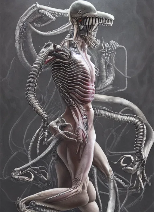 Image similar to a hyper detailed body portrait of ellen ripley becoming a xenomorph, by tom bagshaw, by zdzisław beksinski, trending on artstation