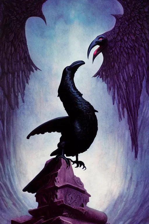 Prompt: raven perched on a statue of beautiful woman in a dark gothic room, full frame, by wayne barlowe, peter mohrbacher, kelly mckernan, james o barr