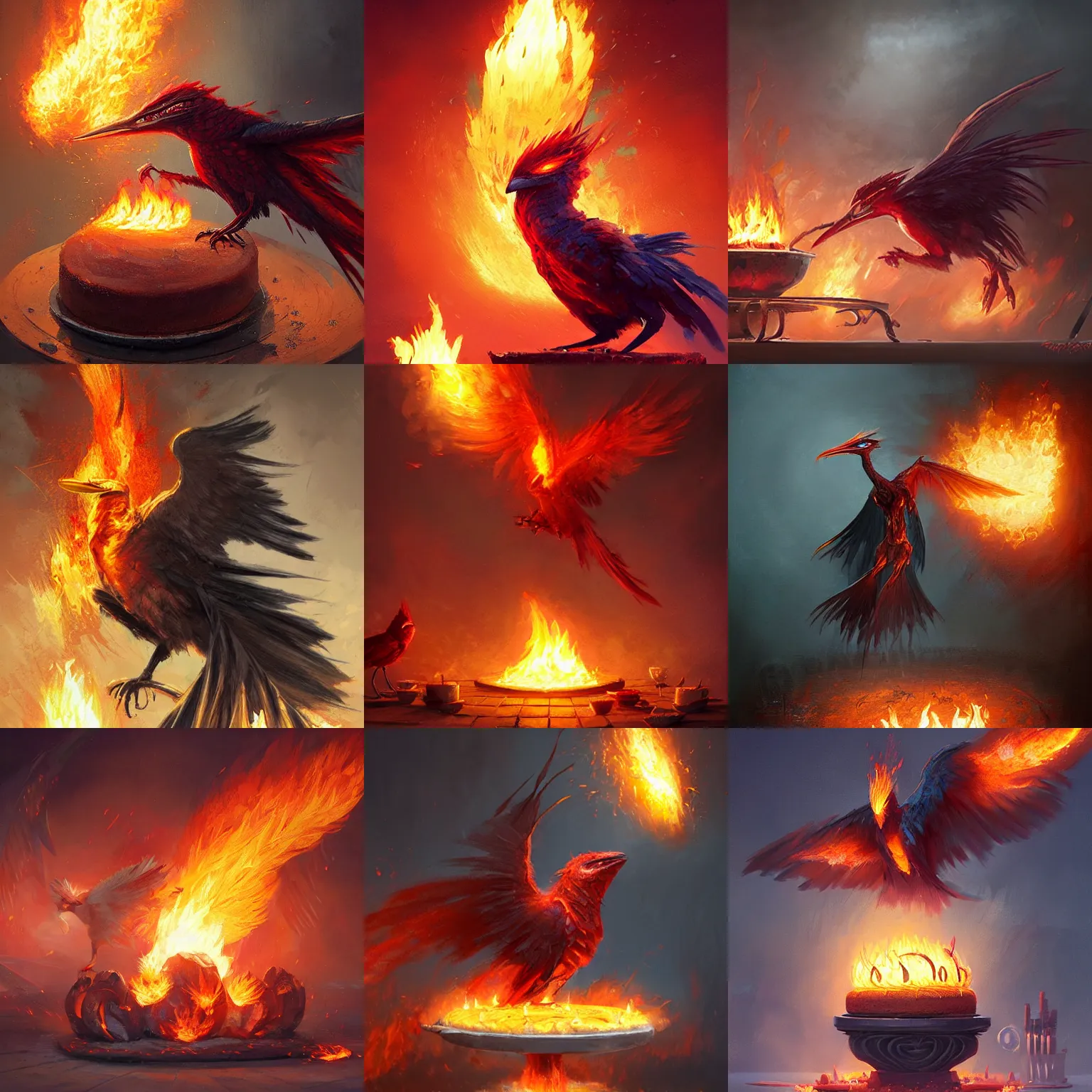 Prompt: a flaming humingfirebird cooking a cake deviantart Greg rutkowski