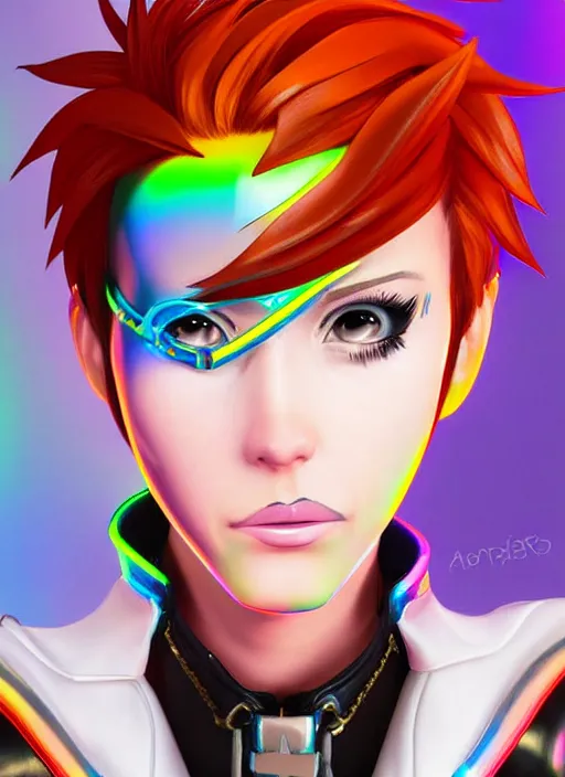 Image similar to portrait bust digital artwork of tracer overwatch, wearing iridescent rainbow latex and leather straps catsuit outfit, neon makeup, in style of mark arian, angel wings, wearing detailed leather collar, chains, black leather harness, detailed face and eyes,