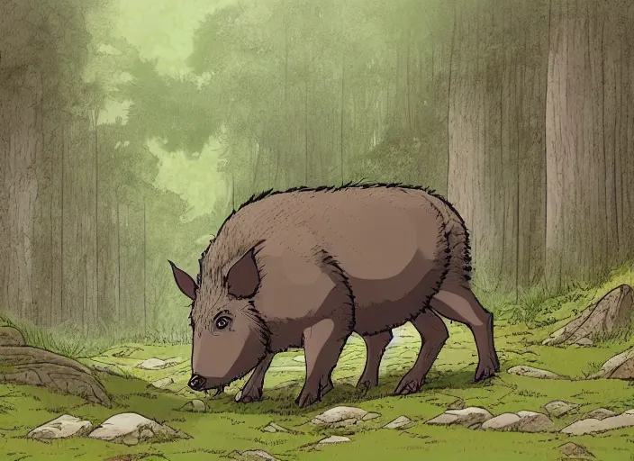 Prompt: a majestic brown and grey boar in a mythical forest next to a pathway, by ghibli and miyasaki, flat, 2 d, illustration, great composition