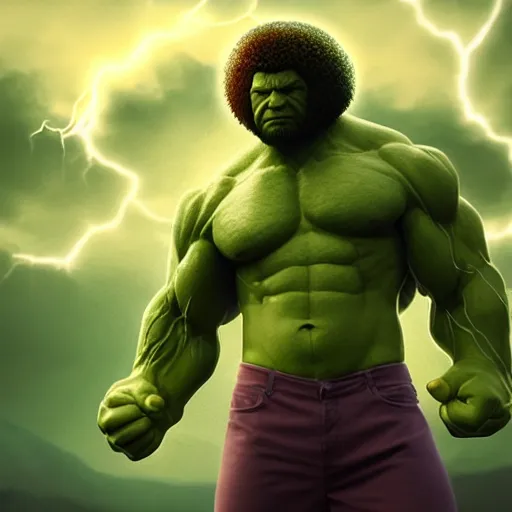 Image similar to full body portrait , photomanipulation of BOB ROSS as hulk with human flesh, marvel, fully detailed, volumetric lightening, octane render, 8k, masterpiece, epic composition