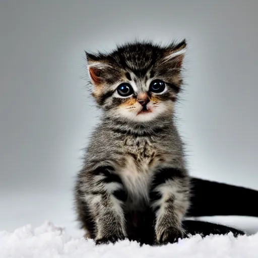 Prompt: super crisp closeup photo of a kitten with an extremely long monkey's tail. it is sitting in the snow, studio lighting, in the style of rodger deakins, moody, rim light, beautiful lighting, 8 k, stunning scene, blade runner, dune, seven,