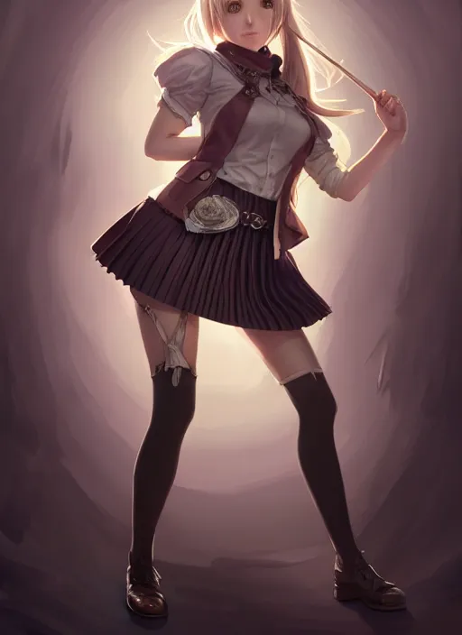 Image similar to portrait of a full body of beautiful young female detective, d & d, sleeveless turtleneck, pleated skirt, fantasy, flat lighting, intricate, highly detailed, digital painting, artstation, concept art, smooth, sharp focus, illustration, misa amane, art by simon bisley and greg rutkowski and alphonse mucha, natural tpose