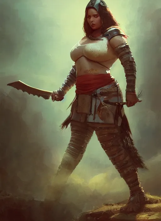 Image similar to hyper realistic photo of medieval chubby beautiful warrior girl, full body, rule of thirds, conceptart, saturated colors, greg rutkowski artstation, cgsociety