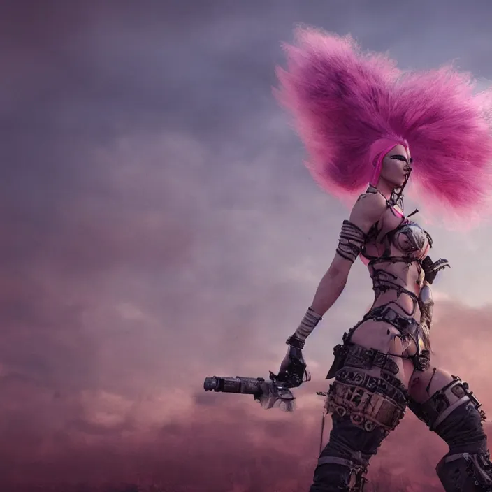 Image similar to realistic beautiful apocalyptic woman with pink Mohawk, standing on mad max panzer tank, 4k ultra hd, fantasy dark art, tank girl, artstation, octane render