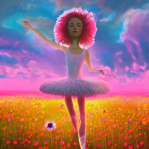 Prompt: giant daisy flower as head, girl ballet dancing in a flower field, surreal photography, sunrise, dramatic light, impressionist painting, colorful clouds, digital painting, artstation, simon stalenhag