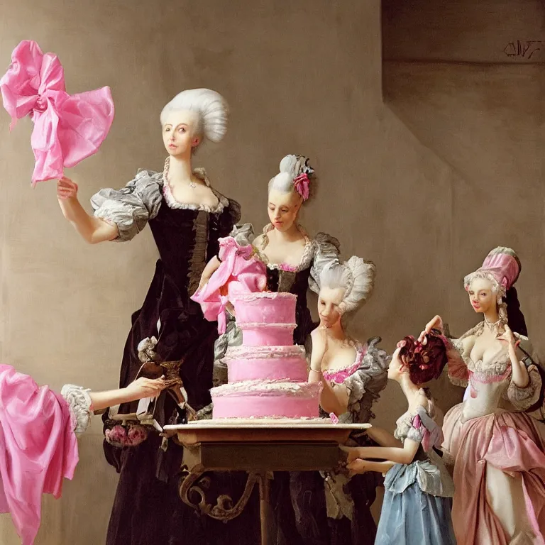 Image similar to Marie Antoinette cutting a pink cake. Baroque painting, trending on artstation, 50mm